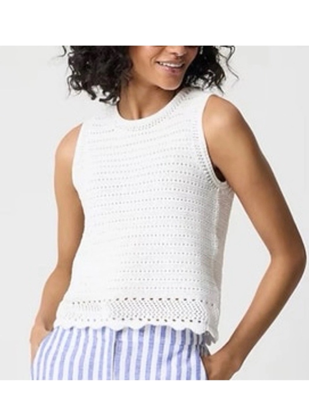 J. Crew White Crochet-Textured Scoop Neck Sweater with scalloped hem